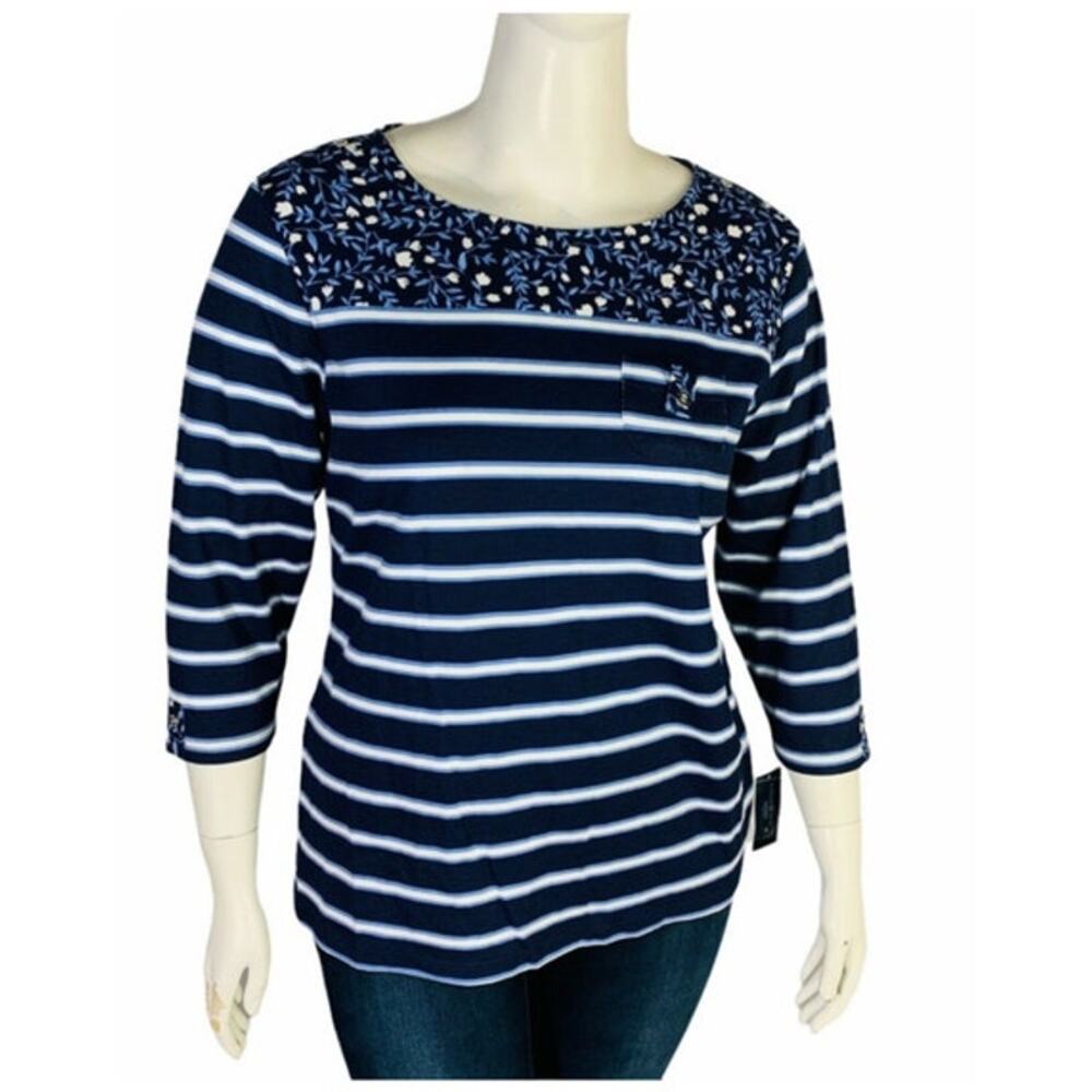 New Karen Scott Sport Womans 0X 12/14 Blue Top 3/4 Sleeve Floral Striped NWT